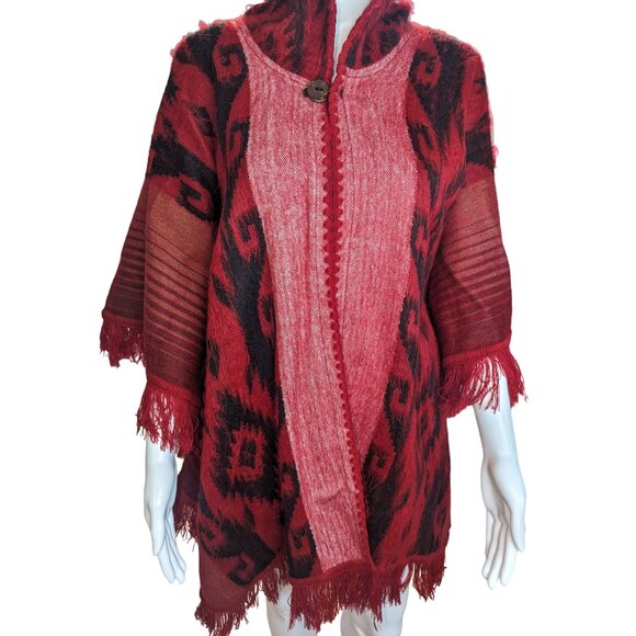 Red Western Style Poncho w/Fringe 100% Wool Boho Festive Handmade inEcuador OSFM - Picture 3 of 10